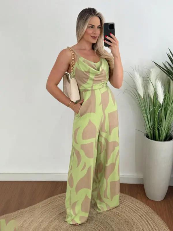 Green and beige suspender jumpsuit with abstract pattern