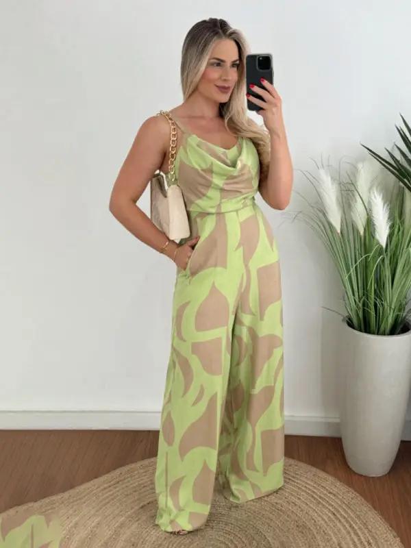 Green and beige suspender jumpsuit with abstract pattern