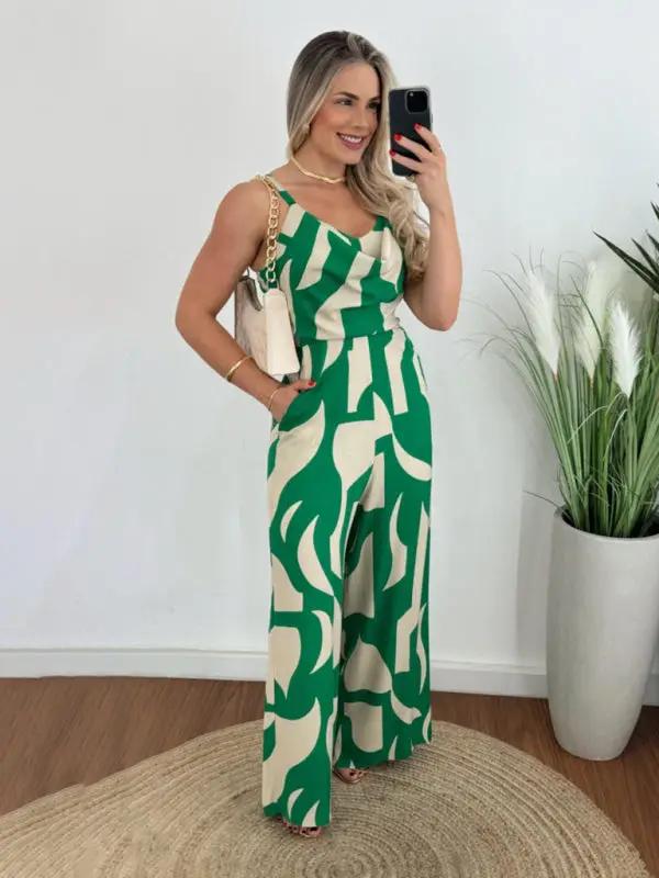 Green and beige suspender jumpsuit with abstract pattern