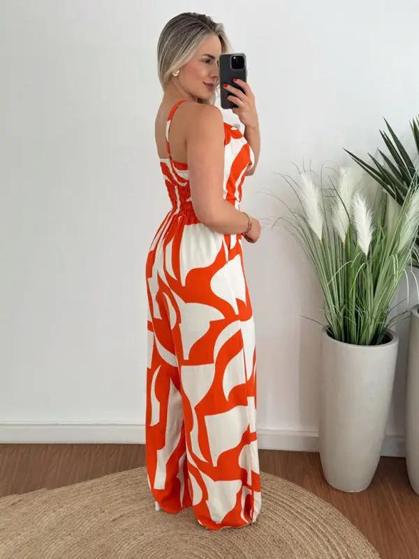 Side view of orange and white suspender jumpsuit