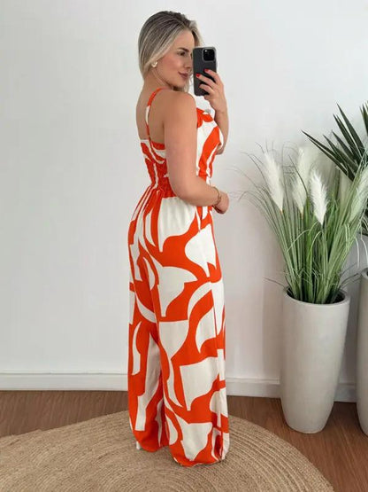 Side view of orange and white suspender jumpsuit