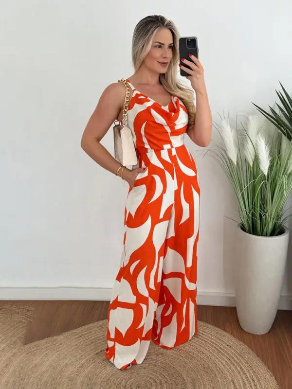 Orange and white suspender jumpsuit with abstract pattern