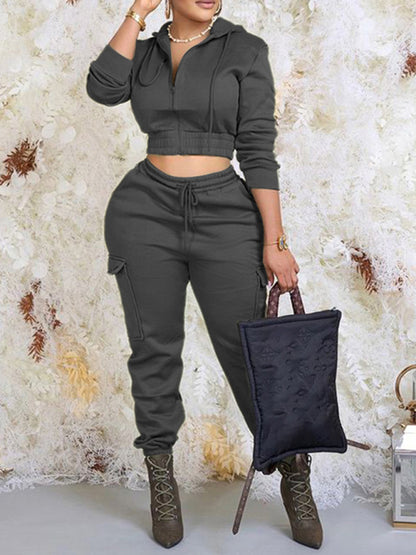 Stylish solid color cardigan hooded lace-up trousers two-piece set