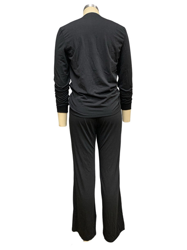 New fashionable long-sleeved T-shirt tops straight-leg trousers two-piece suit