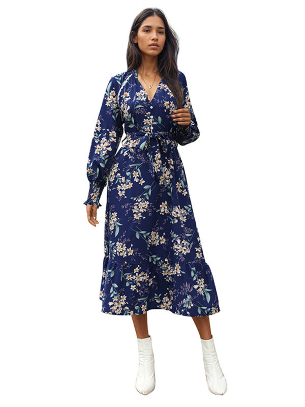 Nouvelle robe à imprimé floral à manches longues pour femmes 