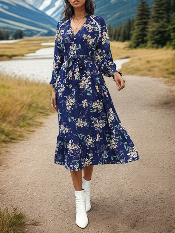 Nouvelle robe à imprimé floral à manches longues pour femmes 