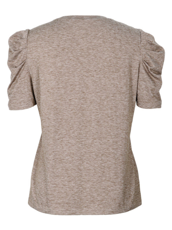 Back view of lace spliced puff sleeve T-shirt