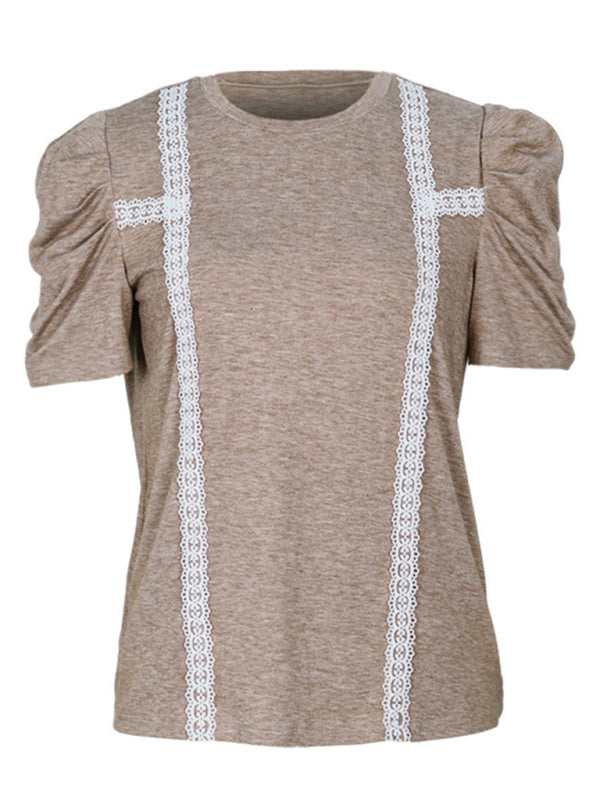 Front view of lace spliced puff sleeve T-shirt