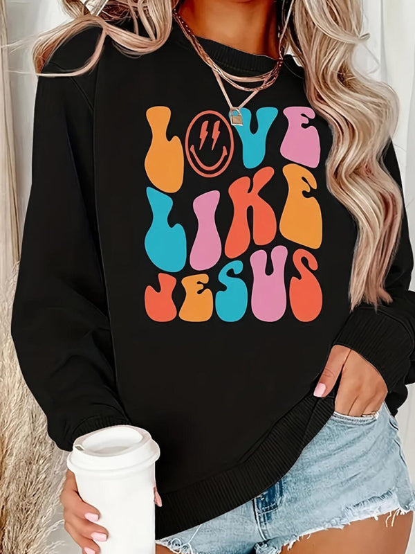 New round neck long-sleeved sweatshirt with fun smiley face letter print
