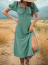 Green square neck slit jacquard dress with puff sleeves
