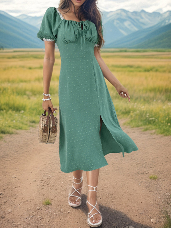 Stylish green dress with square neck and side slit