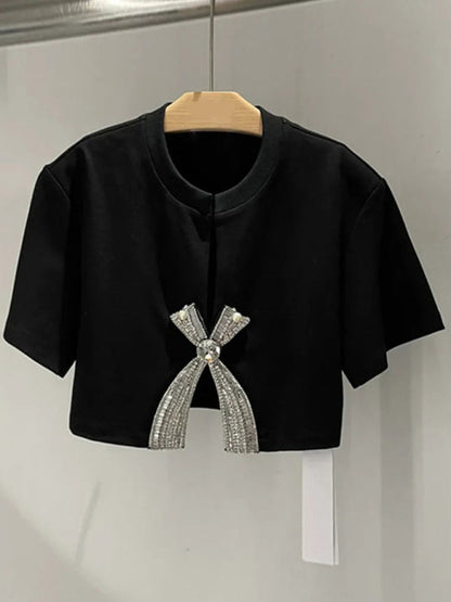 New style diamond sequined bow short-sleeved solid color slit top