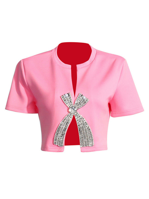 New style diamond sequined bow short-sleeved solid color slit top