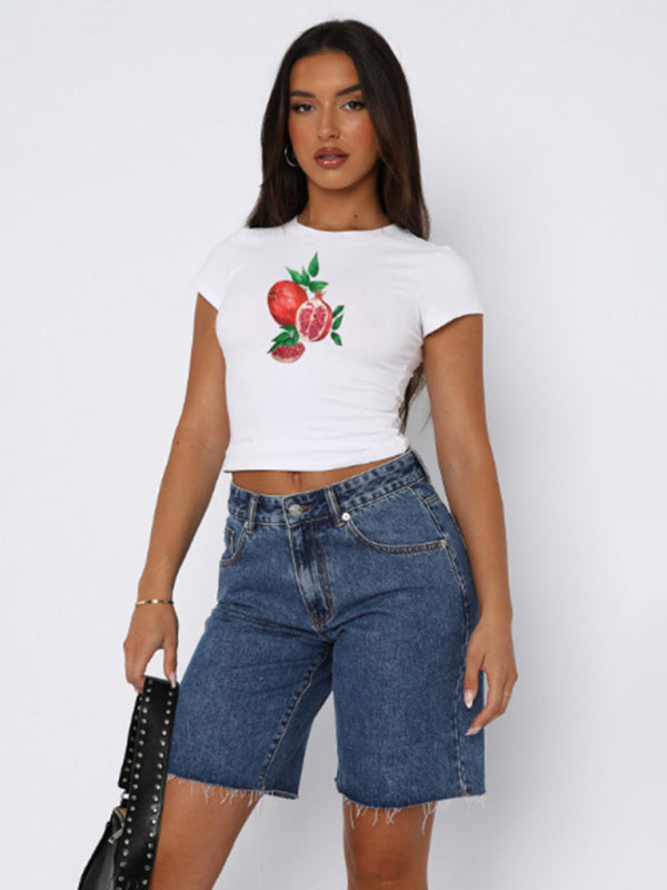 Neues, vielseitiges T-Shirt mit Rundhalsausschnitt, bedruckter Street-Fashion und schmaler Passform, freiliegendem kurzen Nabel 