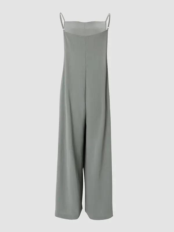 Back view of green wide leg suspender jumpsuit