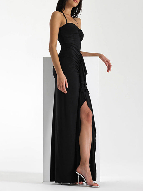 Black halterneck slim-fit slit dress with pleated design