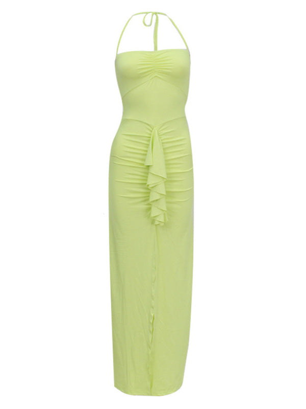 Yellow halterneck lace-up slim-fit slit dress on display