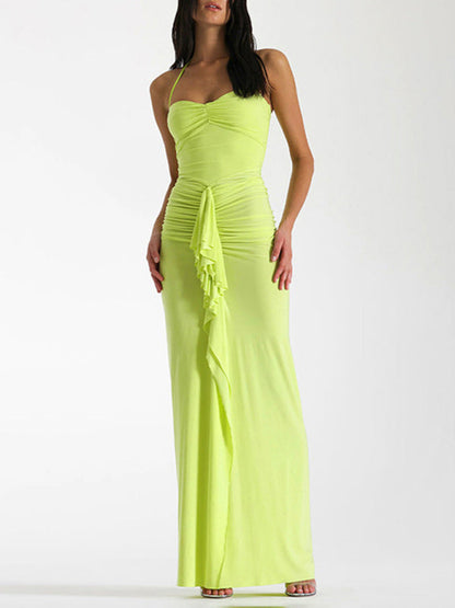 Front view of yellow halterneck pleated slit dress