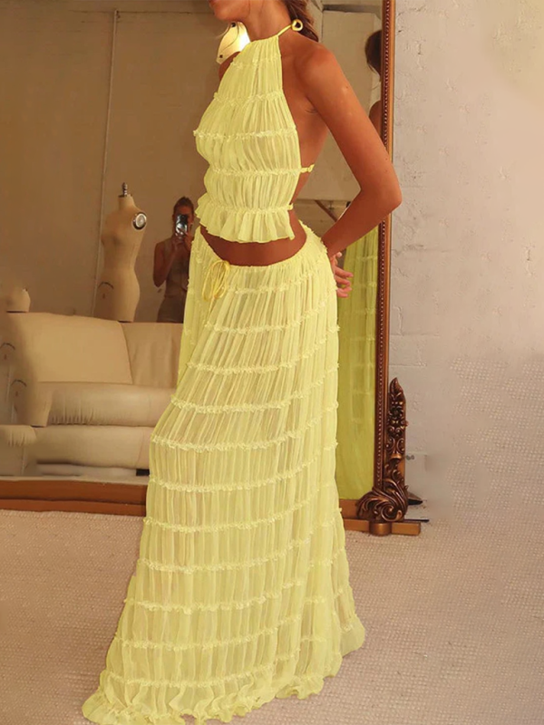 Backless lace-up halter top set and two-piece chiffon pleated long skirt with earrings