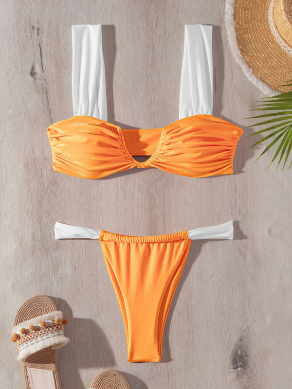 New bikini sexy solid color push up V pleated swimsuit