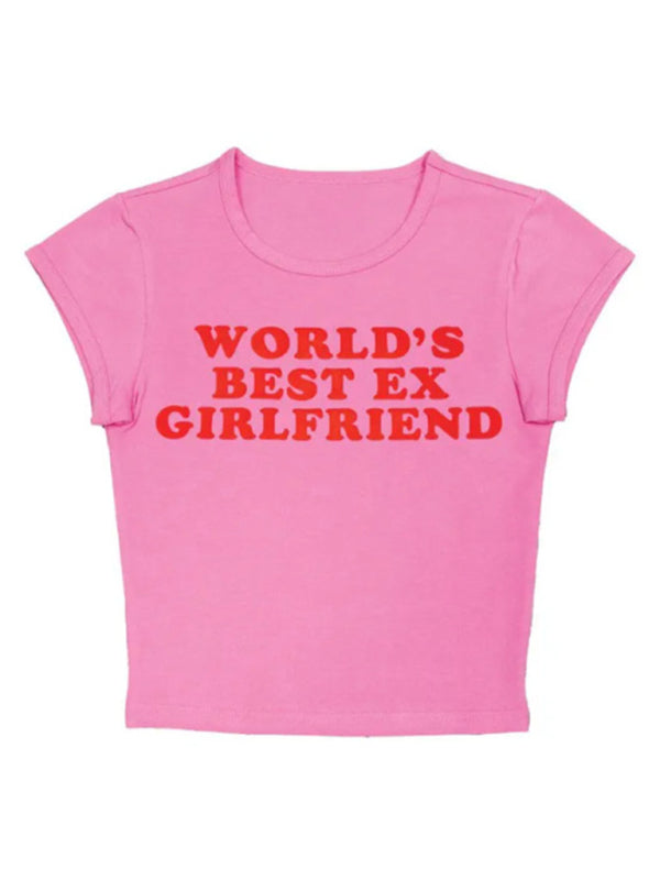 T-Shirt imprimé avec lettrage court et serré pour femmes, haut tendance pour filles 