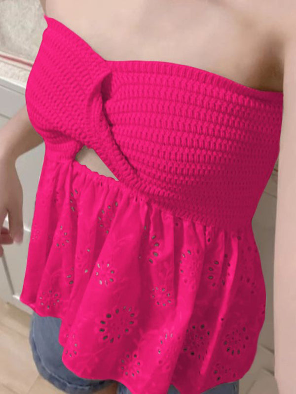 Haut tubulaire sexy à la mode, décontracté, tricoté, coutures brodées, vacances 