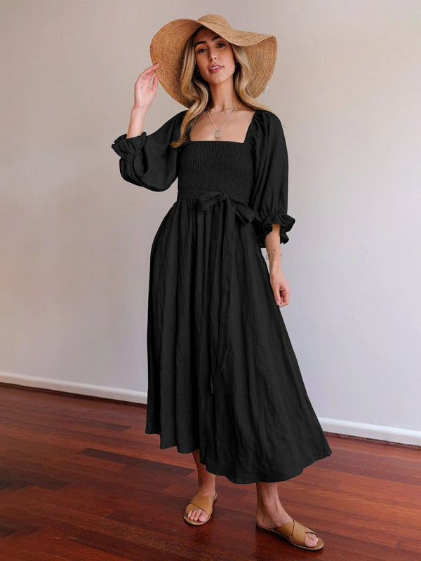 Kleid im neuen Stil mit gerüschten Laternenärmeln und Seilgürtel 