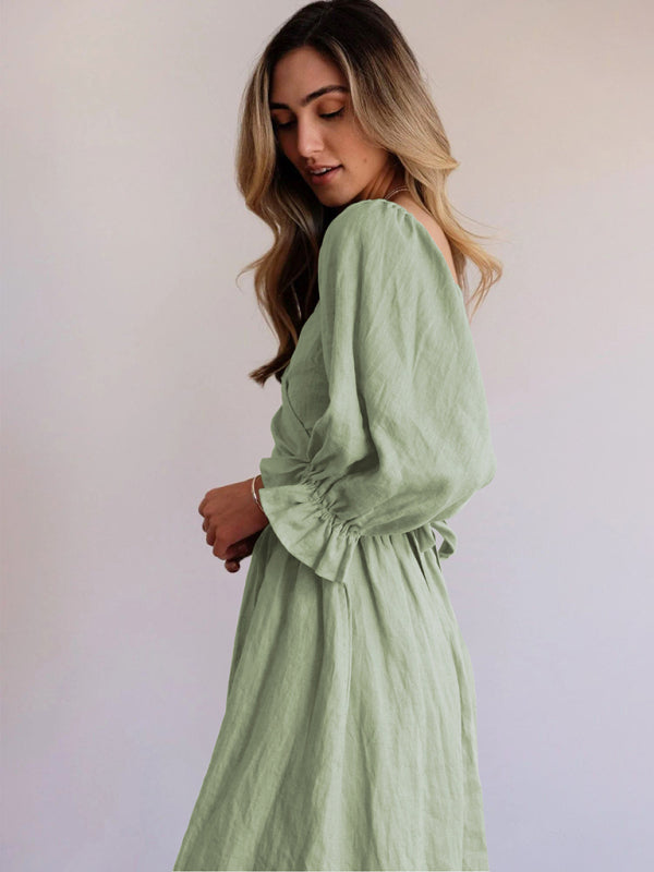Kleid im neuen Stil mit gerüschten Laternenärmeln und Seilgürtel 