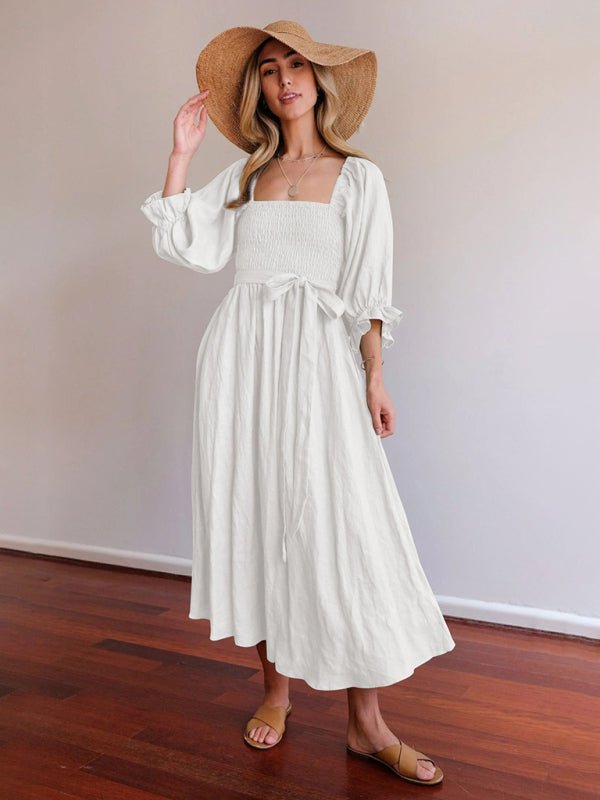 New style rope belt ruffled lantern sleeve dress