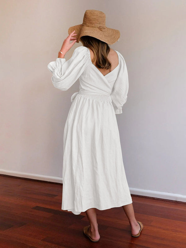 New style rope belt ruffled lantern sleeve dress