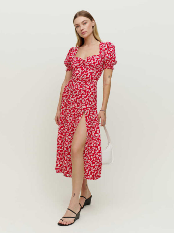 New square neck lantern short sleeve printed hem slit long dress