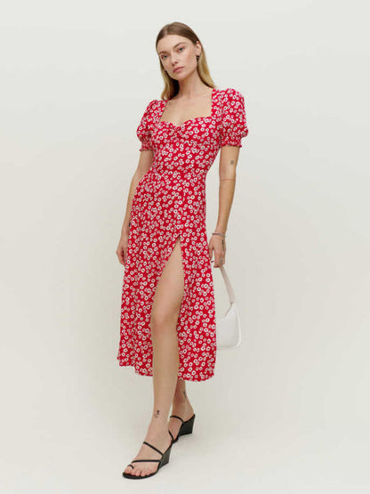 New square neck lantern short sleeve printed hem slit long dress