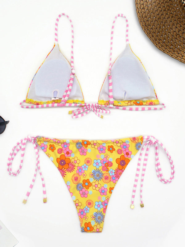 Nouveau bikini dos nu triangle à bretelles imprimé floral de vacances à la mode 