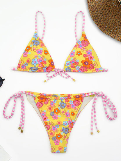 Nouveau bikini dos nu triangle à bretelles imprimé floral de vacances à la mode 