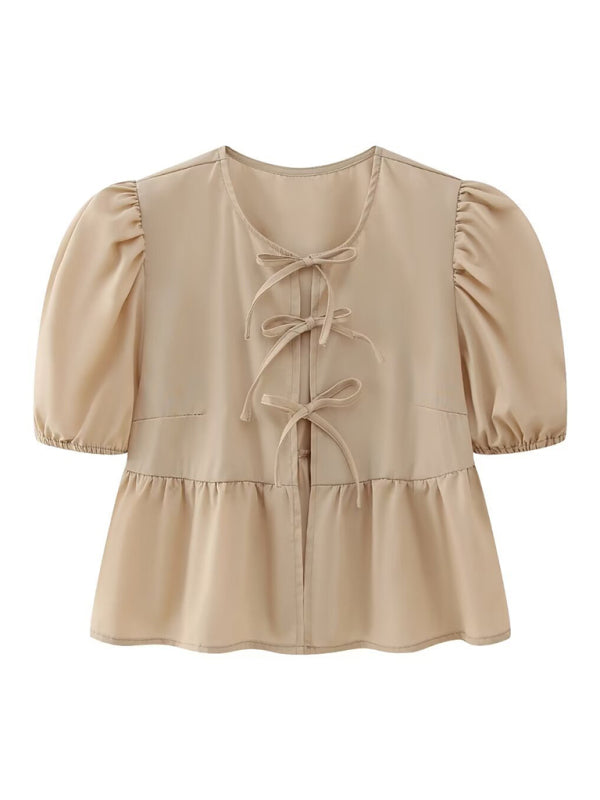 Beige strappy puff sleeve short sleeve shirt top