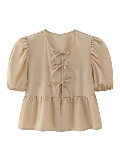 Beige strappy puff sleeve short sleeve shirt top
