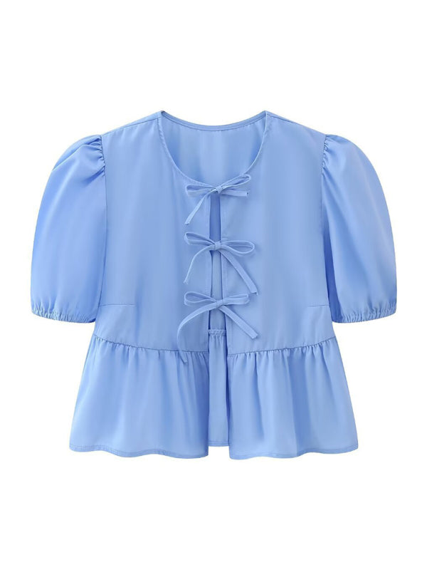 Blue strappy puff sleeve short sleeve shirt top