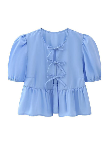 Blue strappy puff sleeve short sleeve shirt top