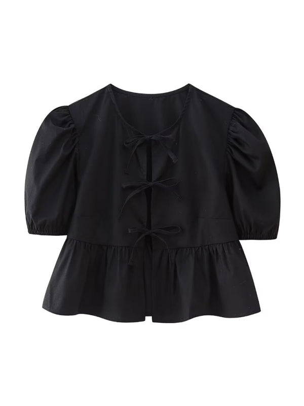 Black strappy puff sleeve short sleeve shirt top