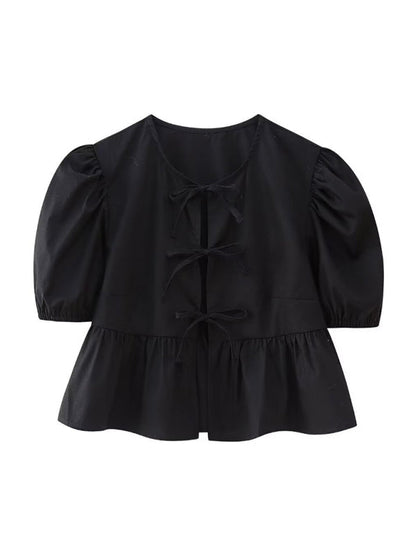 Black strappy puff sleeve short sleeve shirt top