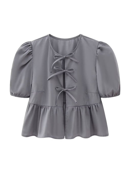 Gray strappy puff sleeve short sleeve shirt top