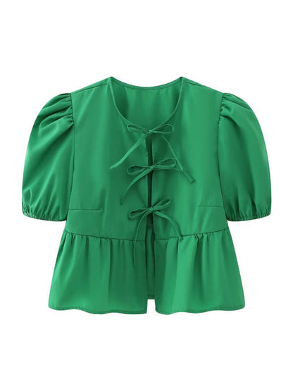 Green strappy puff sleeve short sleeve shirt top