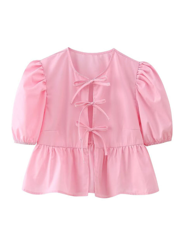Pink strappy puff sleeve short sleeve shirt top
