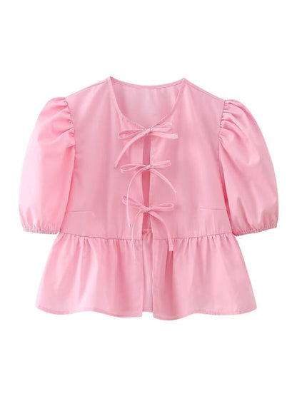 Pink strappy puff sleeve short sleeve shirt top