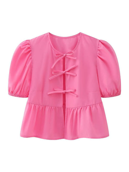 Bright pink strappy puff sleeve short sleeve shirt top
