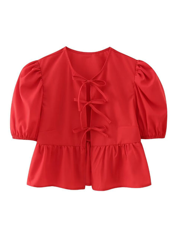 Red strappy puff sleeve short sleeve shirt top