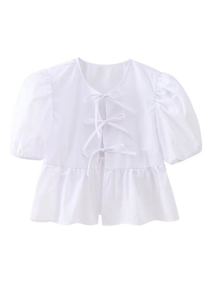 White strappy puff sleeve short sleeve shirt top