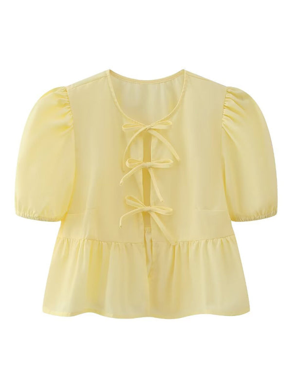 Yellow strappy puff sleeve short sleeve shirt top