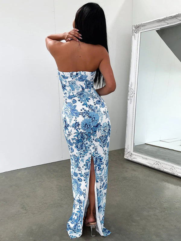 Sexy Tube Top Langes Kleid Schlitz Cocktailkleid Rückenfreies Langes Kleid 