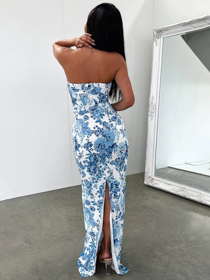 Sexy Tube Top Langes Kleid Schlitz Cocktailkleid Rückenfreies Langes Kleid 
